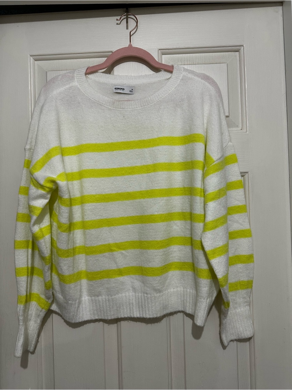 Sonoma White Crewneck Sweater with Neon Yellow Stripes